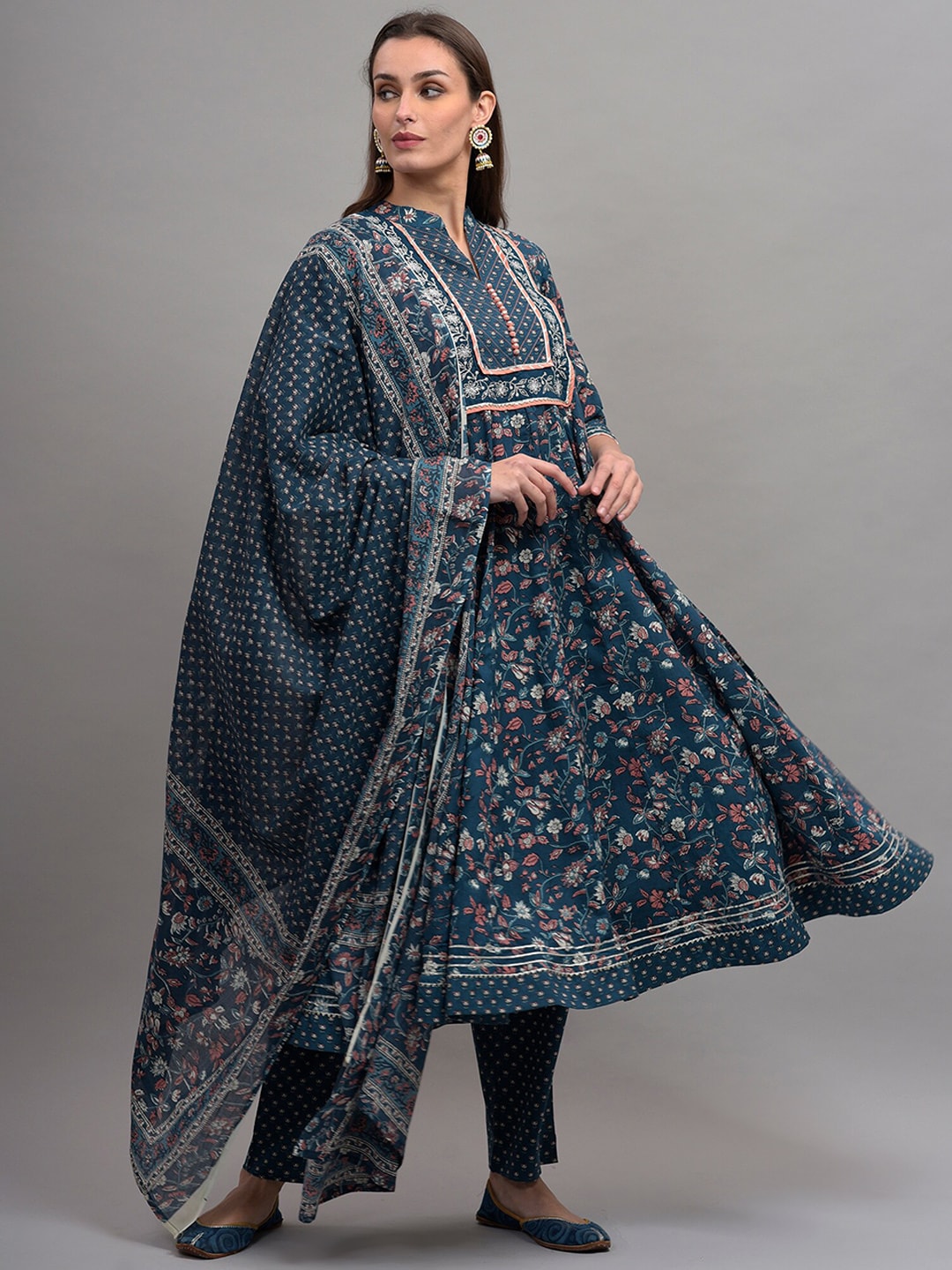 Kalini Women Floral Printed Panelled Gotta Patti Pure Cotton Kurta With Trousers & Dupatta - Distacart