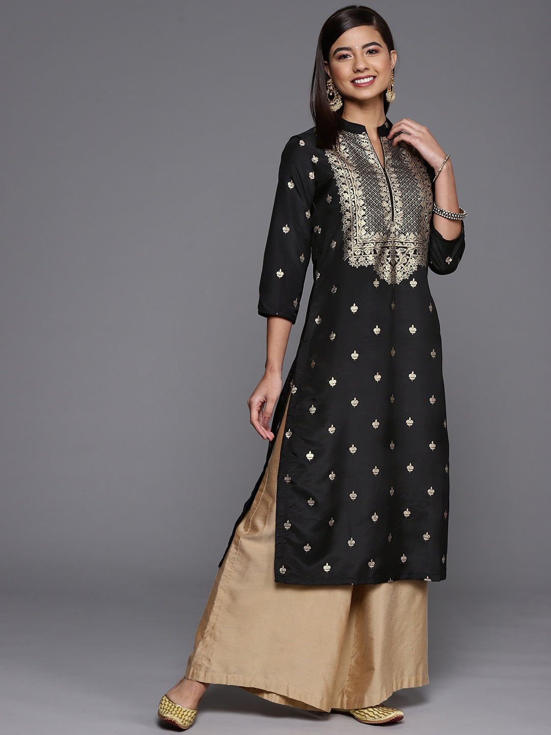 Biba Women Black & Beige Ethnic Motifs Printed Thread Work Kurta - Distacart