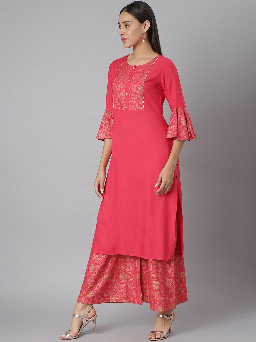 Khushal K Women Pink Ethnic Motifs Yoke Design Regular Kurta with Palazzos - Distacart