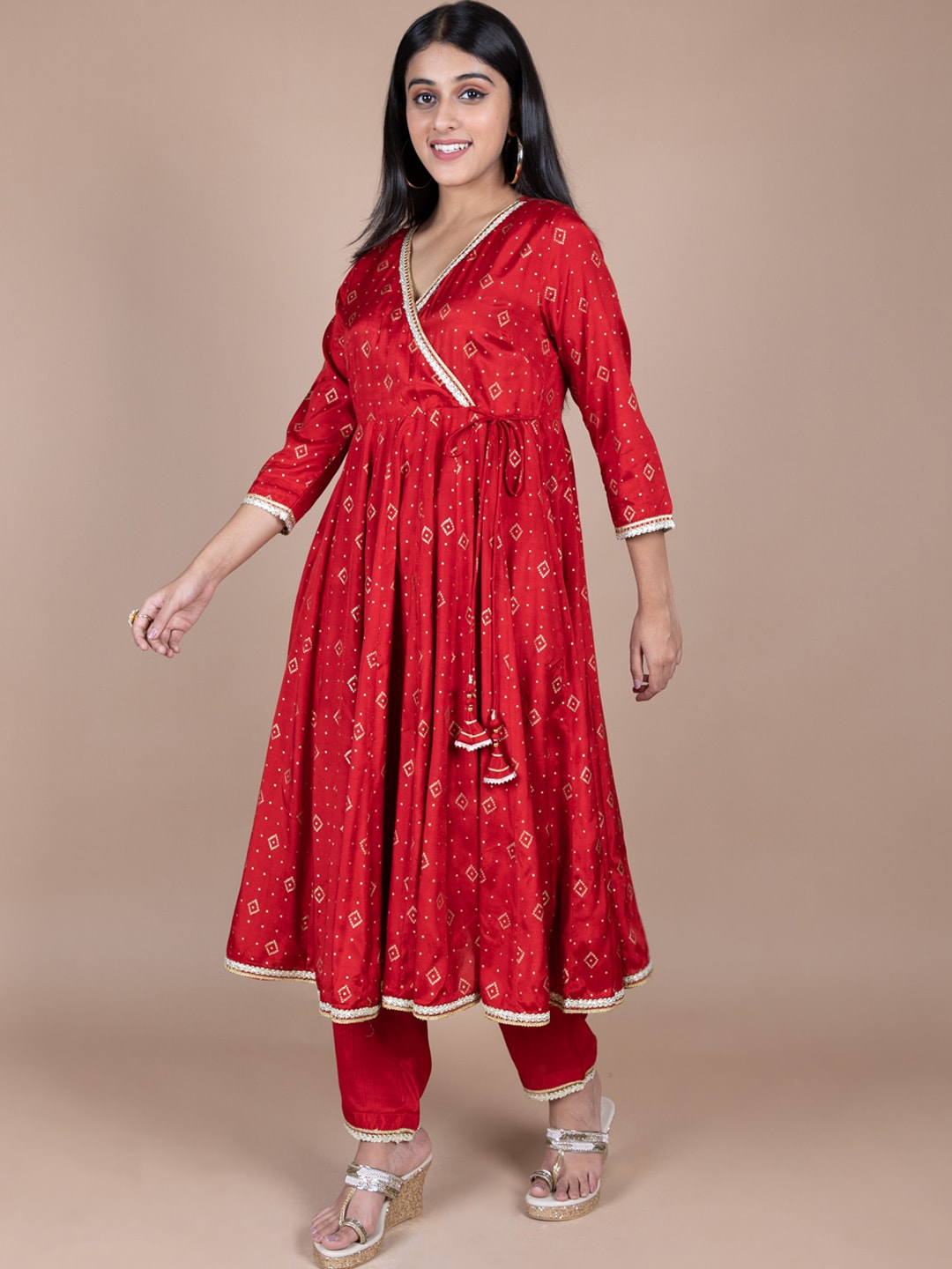 HERE&NOW Red & Beige Ethnic Motifs Printed Angrakha Gotta Patti Kurta with Trousers - Distacart