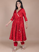 Thumbnail for HERE&NOW Red & Beige Ethnic Motifs Printed Angrakha Gotta Patti Kurta with Trousers - Distacart