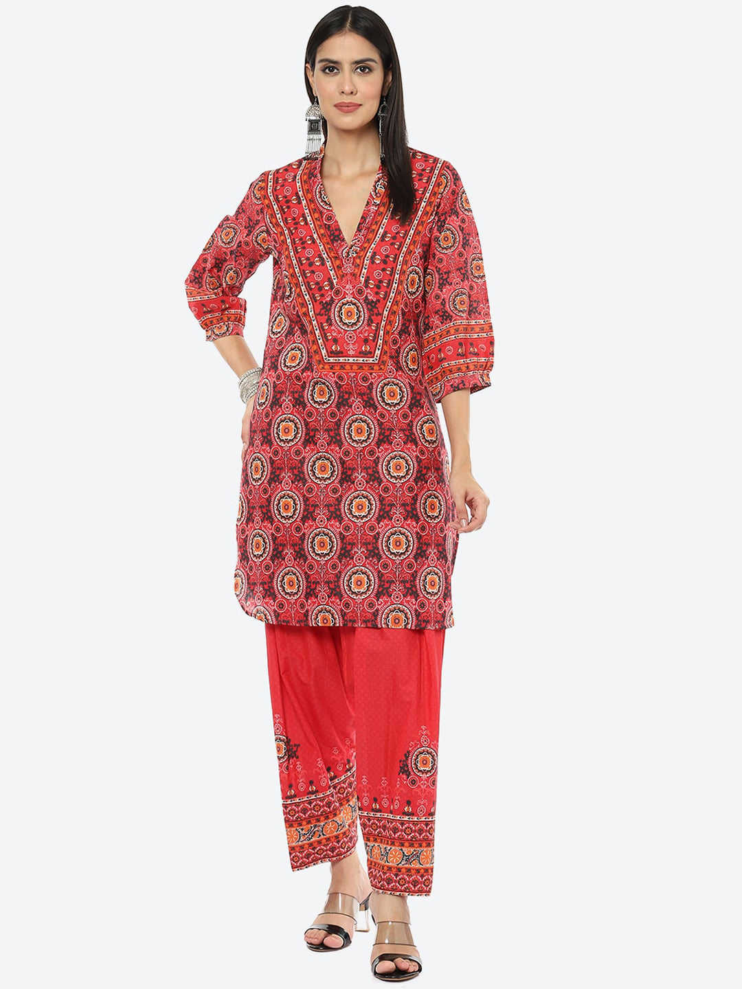 Biba Women Red Ethnic Motifs Printed Kurti with Trouser - Distacart