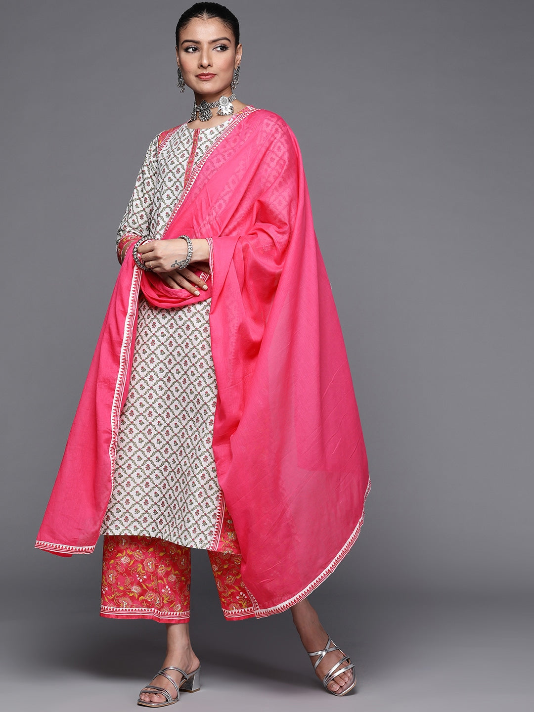 Biba Women White & Pink Ethnic Motifs Printed Cotton Kurta with Palazzos & With Dupatta - Distacart