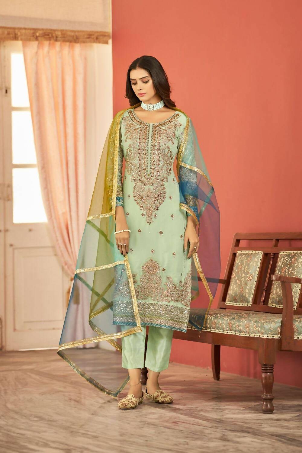 Sea Green Heavy Faux Georgette Embroidered Semi Stitched Suit - Dhvani - Distacart