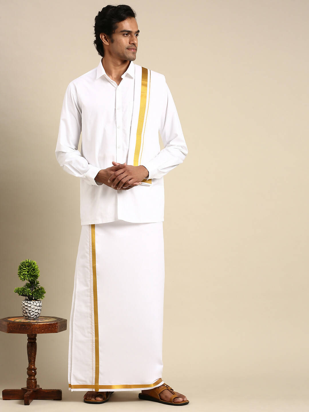 Ramraj Cotton Mens Wedding White Regular Dhoti, Shirt & Towel Set Subhakalyan 1" - Distacart