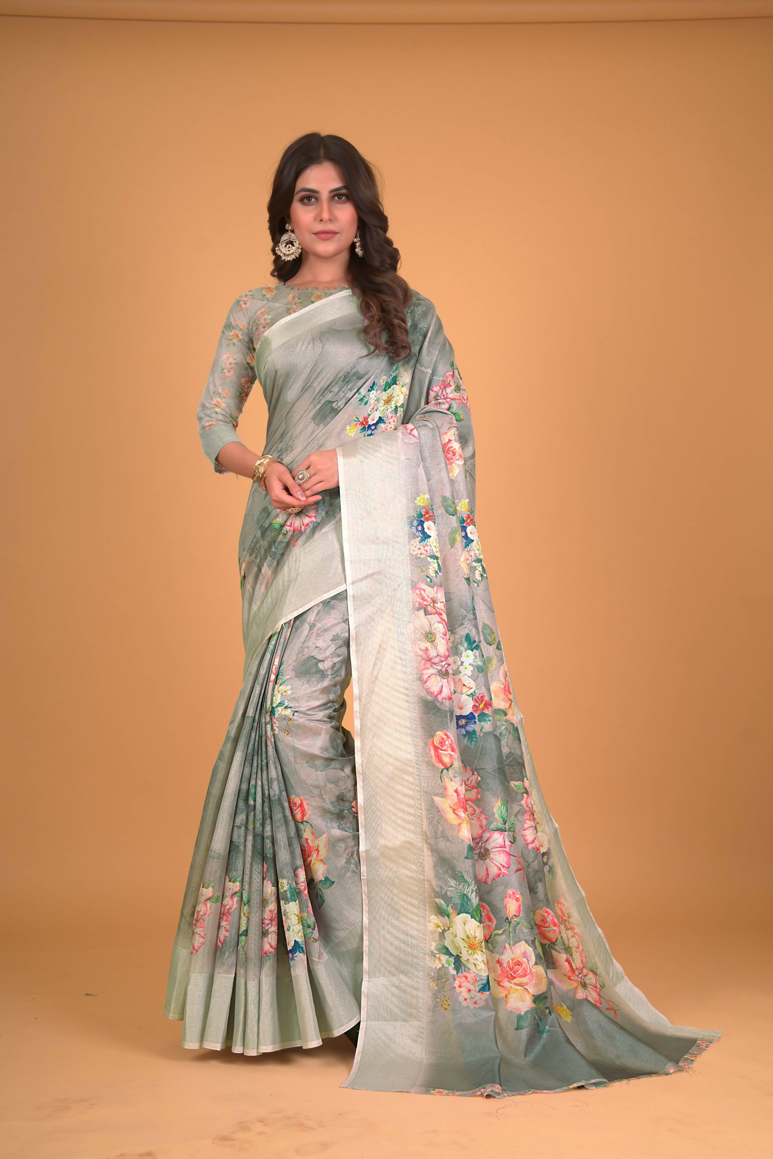 Green Cotton Silk Floral Printed Saree With Unstitched Blouse Piece - Akshita - Distacart
