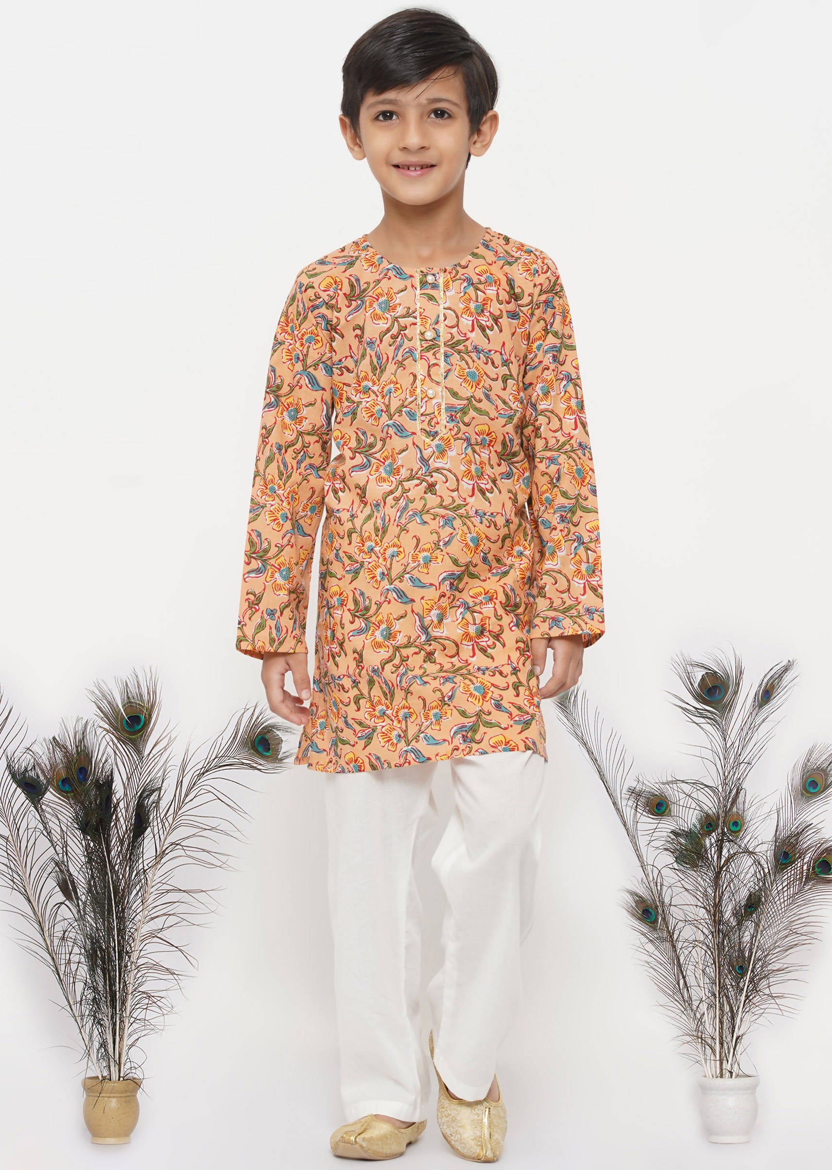 Little Bansi Cotton Block Floral Kurta with Pearl Buttons & Pyjama in Orange & Cream - Distacart