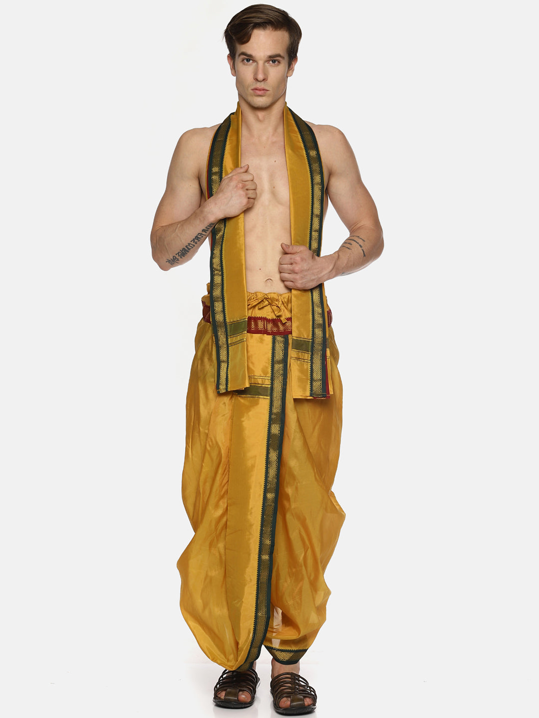 Sethukrishna Men Mustard Yellow Solid Readymade Dhoti Pants With Angavastram - Distacart