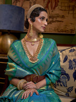 Thumbnail for Mitera Teal & Gold-Toned Ethnic Motifs Zari Silk Blend Kanjeevaram Saree - Distacart