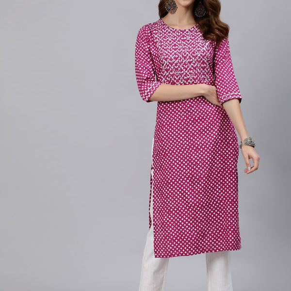 Jaipur Kurti Women Magenta Printed Straight Kurta With Embroidered Yoke Design - Distacart