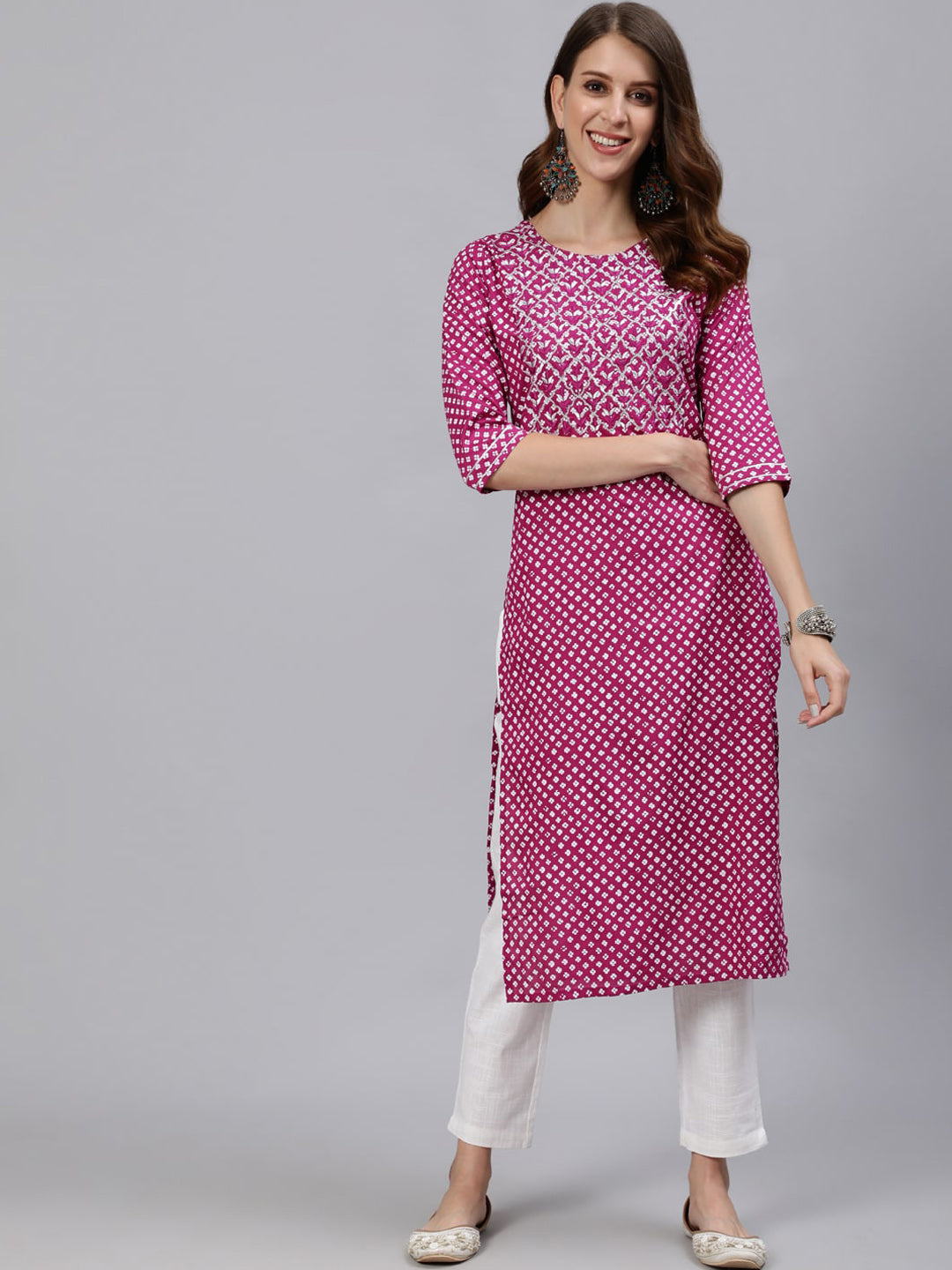 Jaipur Kurti Women Magenta Printed Straight Kurta With Embroidered Yoke Design - Distacart