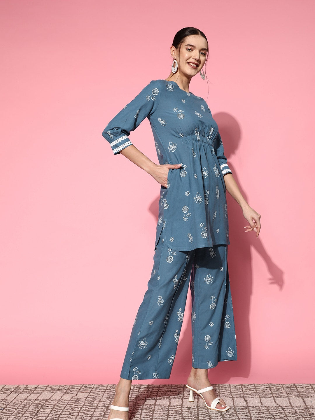 Sangria Women Blue Ethnic Motifs Printed Empire Pure Cotton Kurta with Palazzos - Distacart