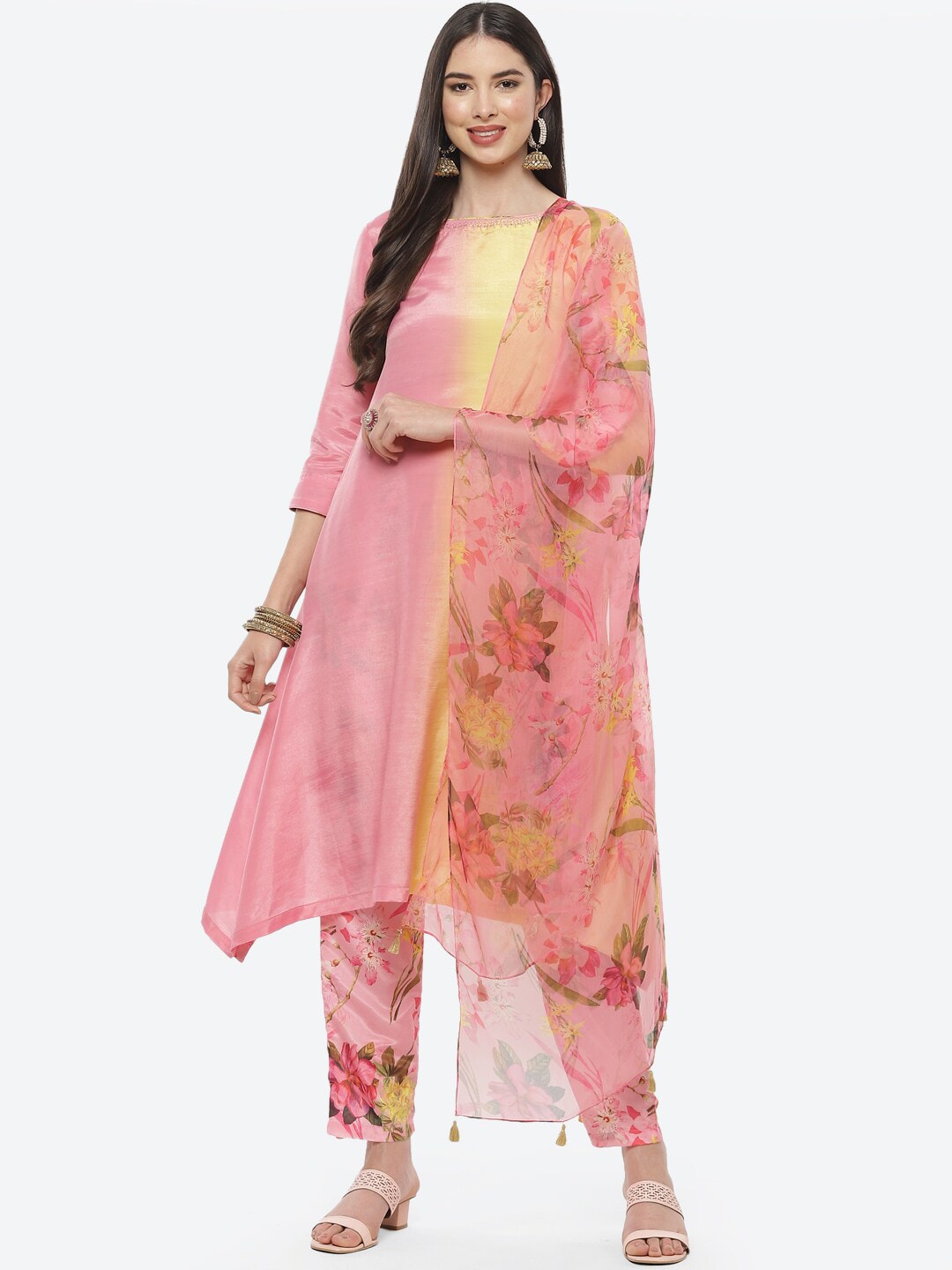 Biba Women Yellow Floral Colourblocked Kurta with Trousers & With Dupatta - Distacart