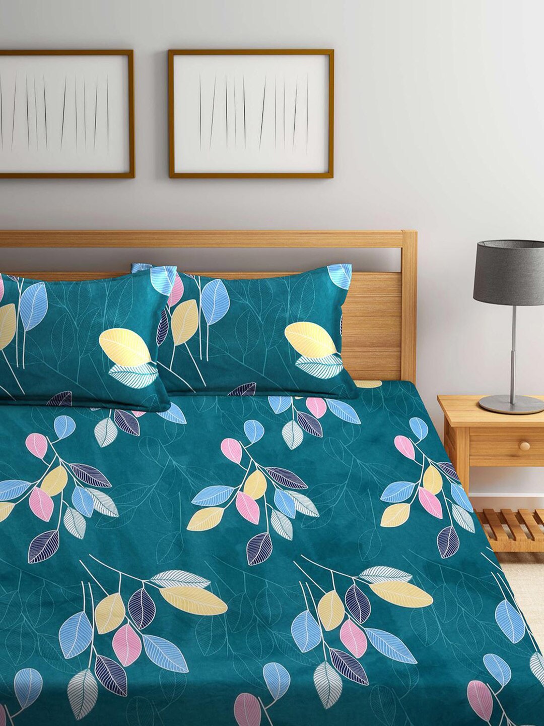 DECOMIZER Green & Yellow Printed Cotton 300 TC King Bedsheet with 2 Pillow Covers - Distacart