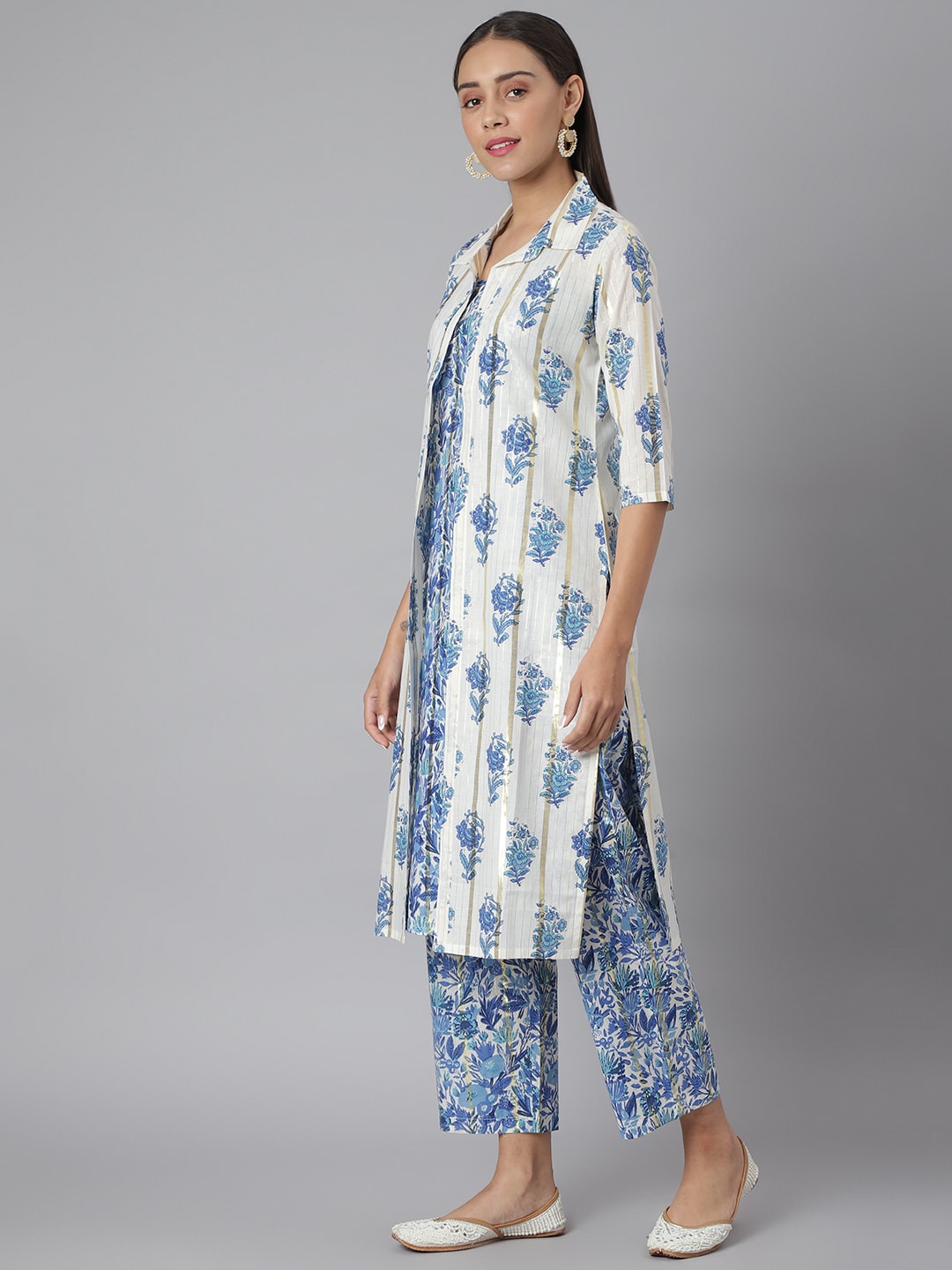 Khushal K Women Blue & White Printed Kurta with Palazzos & Jacket - Distacart