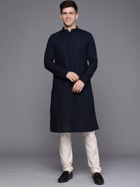 Thumbnail for Manyavar Men Blue Ethnic Motifs Woven Design Kurta with Churidar - Distacart