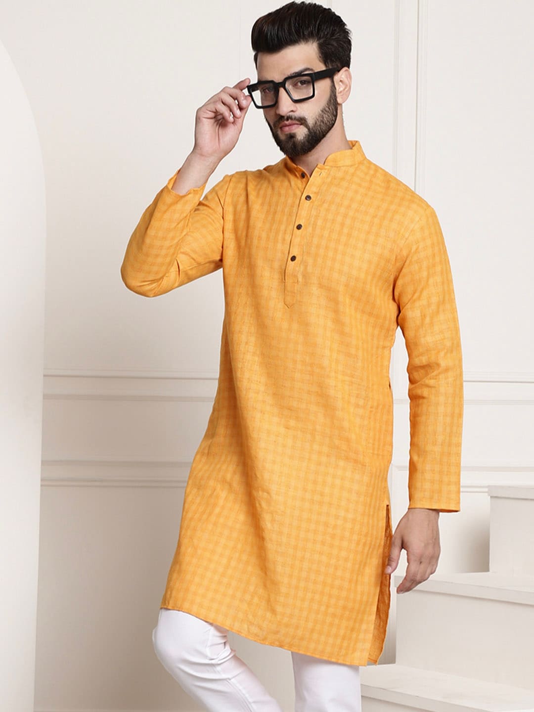Sojanya Men Mustard Yellow Dobby Self-Checked Straight Kurta - Distacart