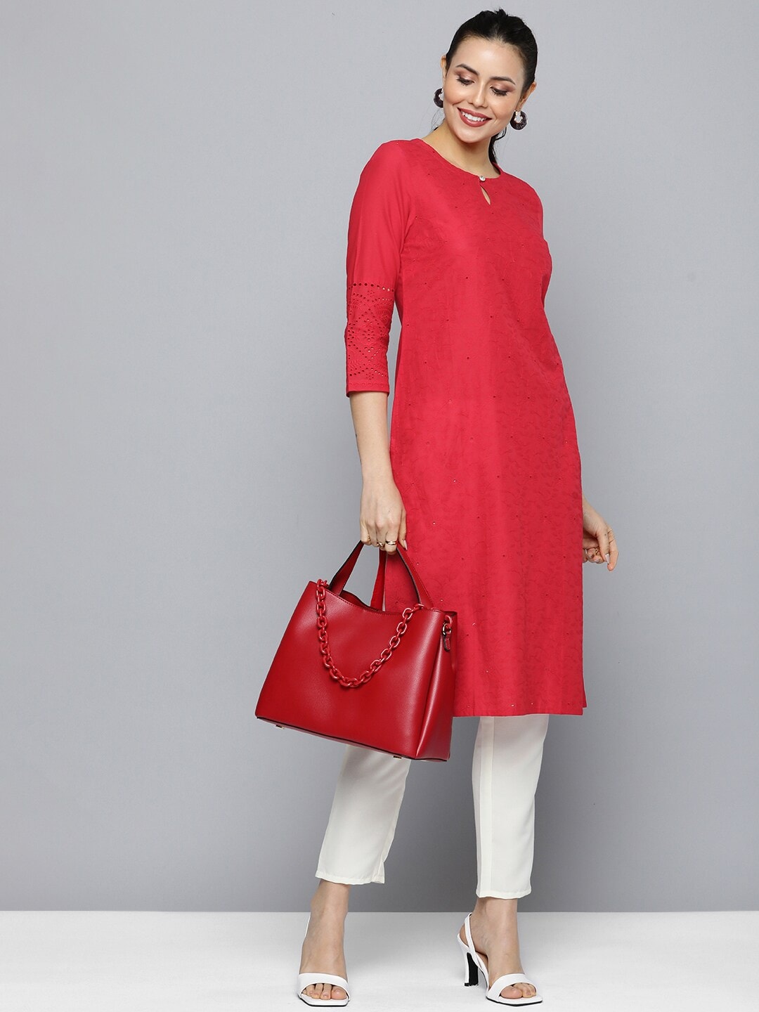HERE&NOW Women Pure Cotton Floral Embroidered Keyhole Neck Thread Work Kurta - Distacart