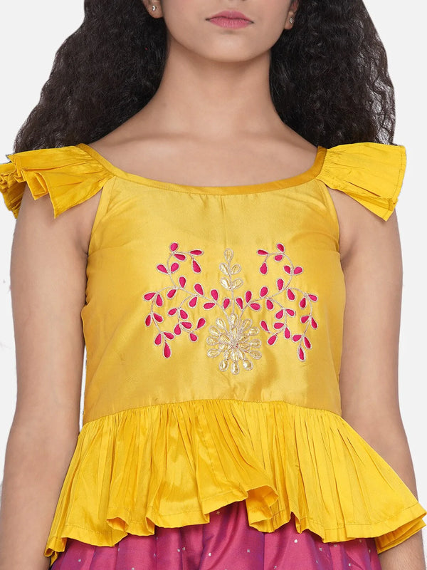 NOZ2TOZ Mustard & Fuchsia Embroidered Ready to Wear Lehenga For Girls - Distacart