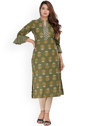 Kalini Women Olive Green & Yellow Floral Printed Flared Sleeves Kurta - Distacart