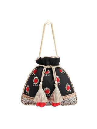Masq Black & Red Embellished Embroidered Potli Clutch - Distacart