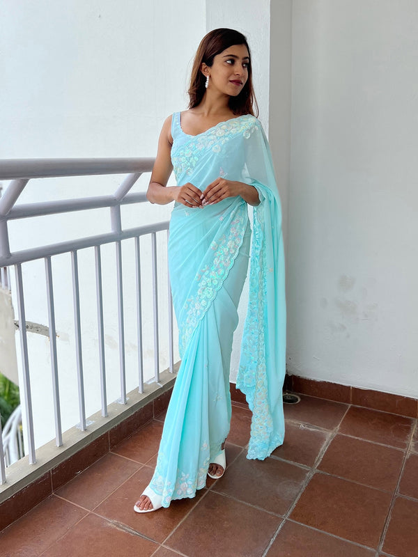 Mitera Blue Embellished Sequinned Saree - Distacart