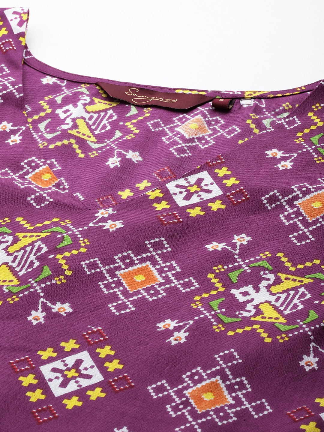 Sangria Ethnic Motifs Printed V-neck Puff Sleeves Kurta - Distacart