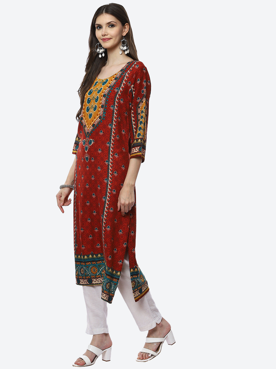 Biba Women Rust Floral Printed Kurta - Distacart