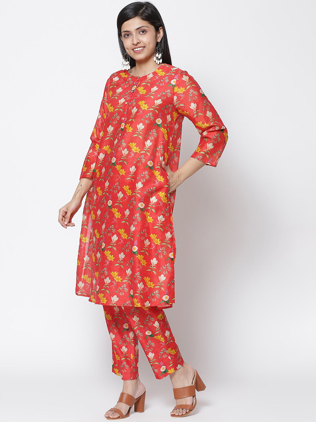 Biba Women Red & Yellow Floral Printed Kurta with Palazzos - Distacart