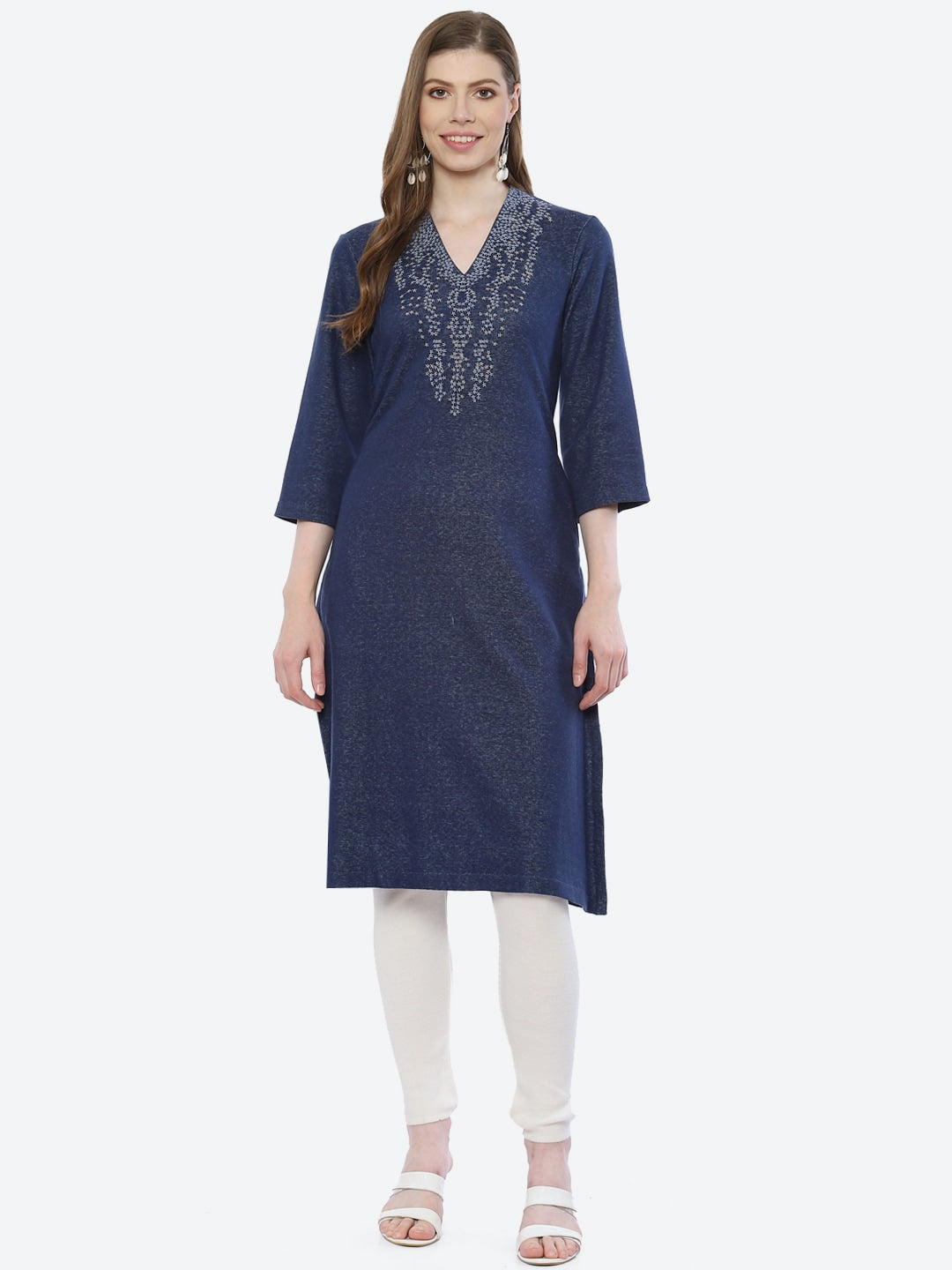 Biba Women Blue & White Yoke Design Thread Work Kurta - Distacart