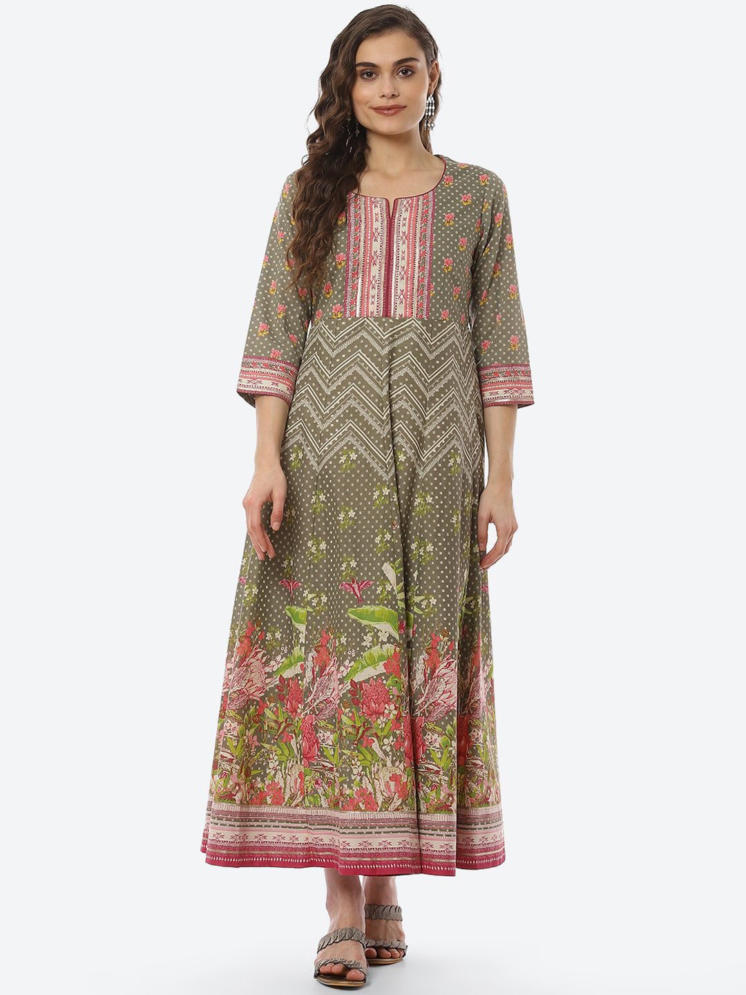 Biba Women Olive Green Ethnic Motifs Printed Anarkali Kurta - Distacart