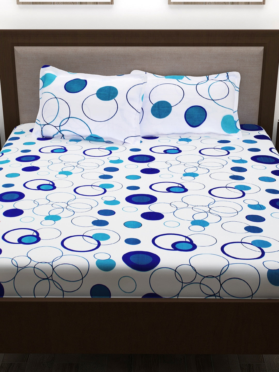 Story@home White & Blue Geometric 186 TC Cotton 1 Queen Bedsheet with 2 Pillow Covers - Distacart