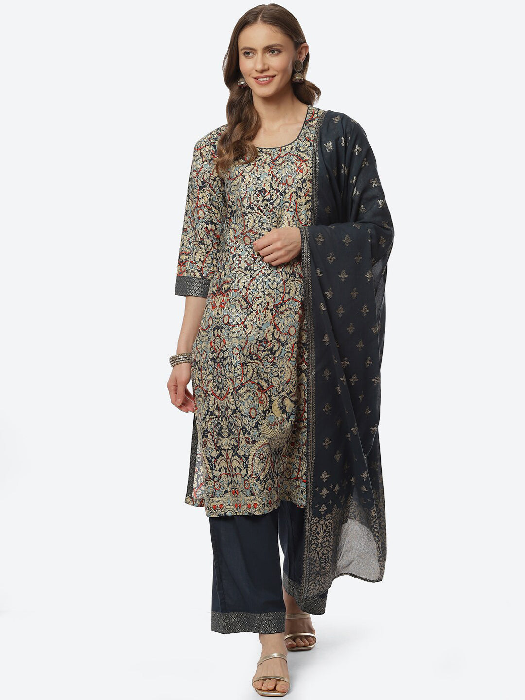 Biba Women Blue Ethnic Motifs Printed Kurta with Palazzos & With Dupatta - Distacart
