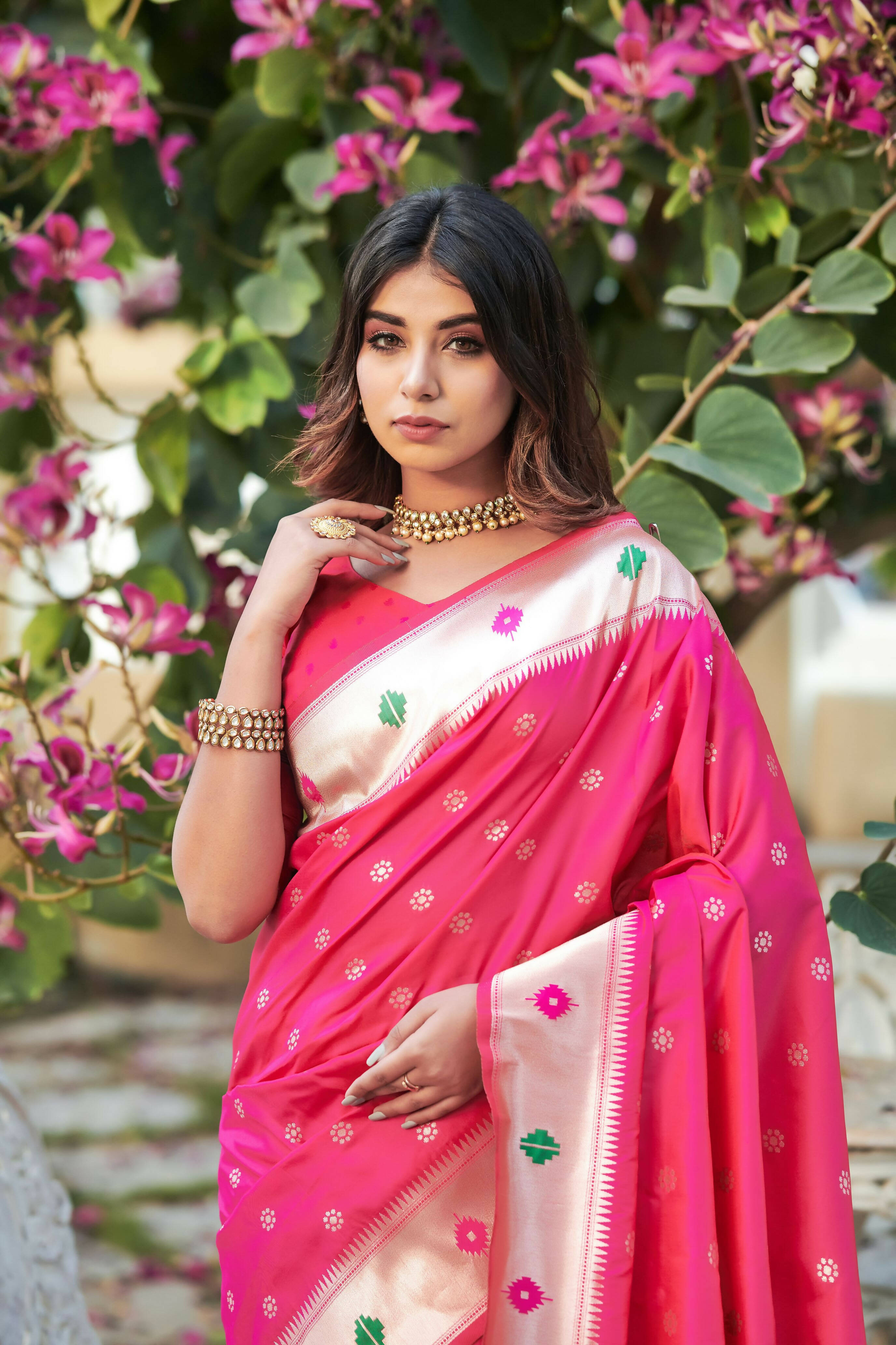 Vishnu Weaves Women's Rani Pink Banarasi Silk Zari Woven Paithani Saree with Unstitched Blouse - Distacart