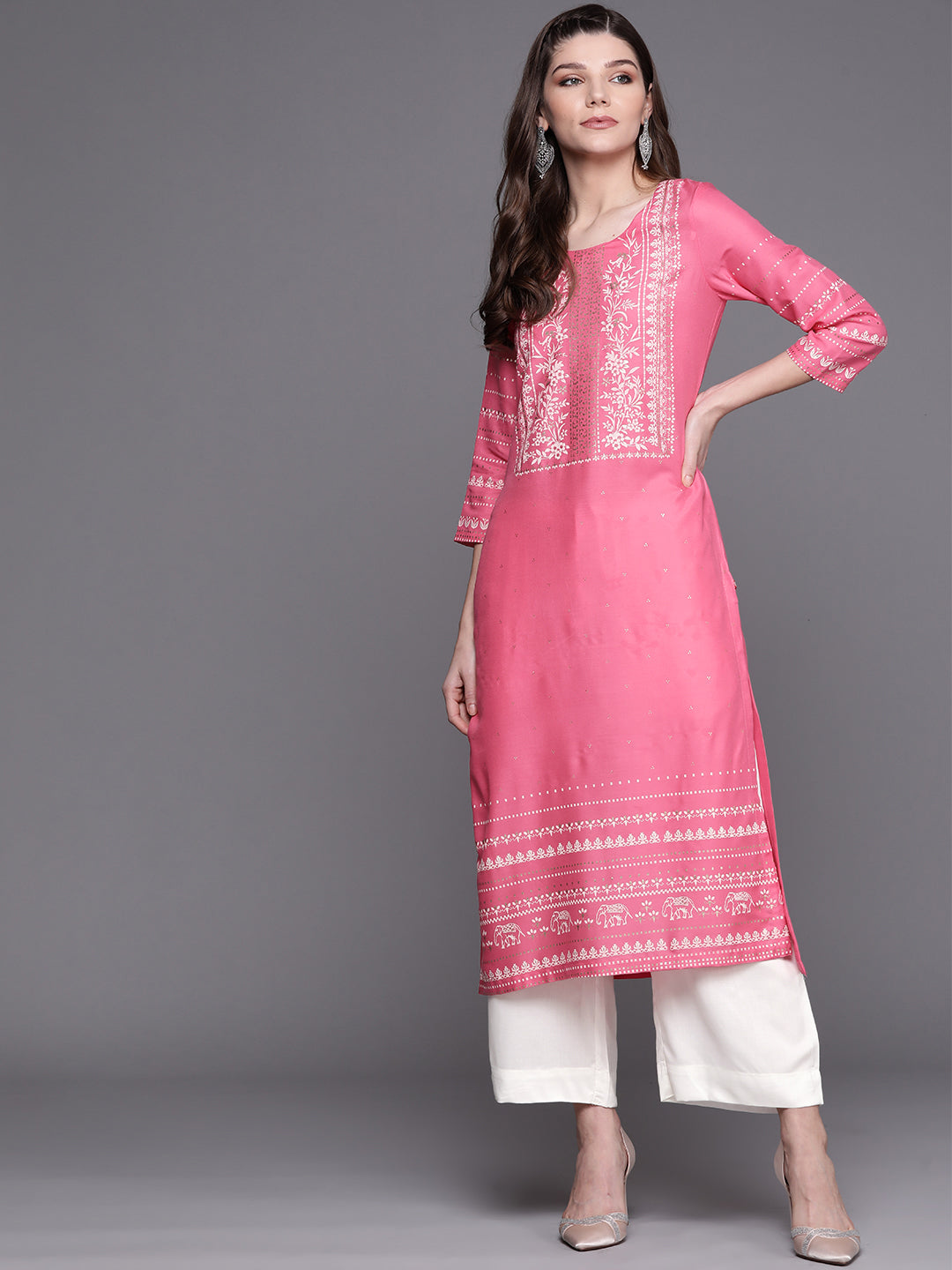 Biba Women Pink & White Printed Kurta with Palazzos - Distacart
