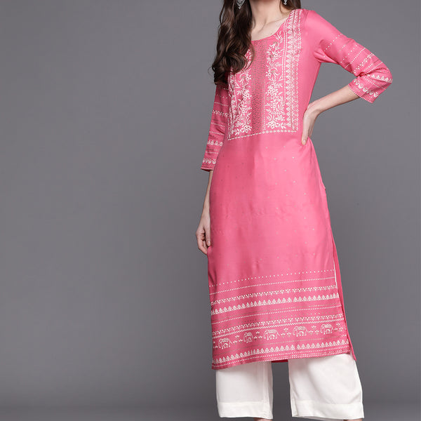 Biba Women Pink & White Printed Kurta with Palazzos - Distacart