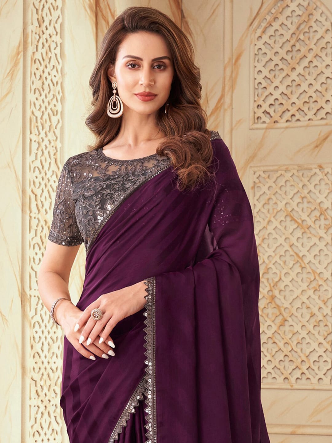 Mitera Purple & Grey Embellished Sequinned Poly Chiffon Saree - Distacart