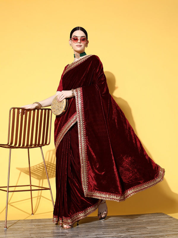 Mitera Solid Saree with Embroidered border - Distacart
