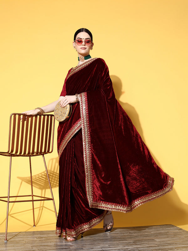 Mitera Solid Saree with Embroidered border - Distacart