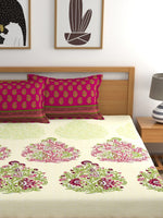 Thumbnail for My Room Pink & Green Ethnic Motifs 140 TC Fitted Cotton King Bedsheet & Pillow Covers - Distacart