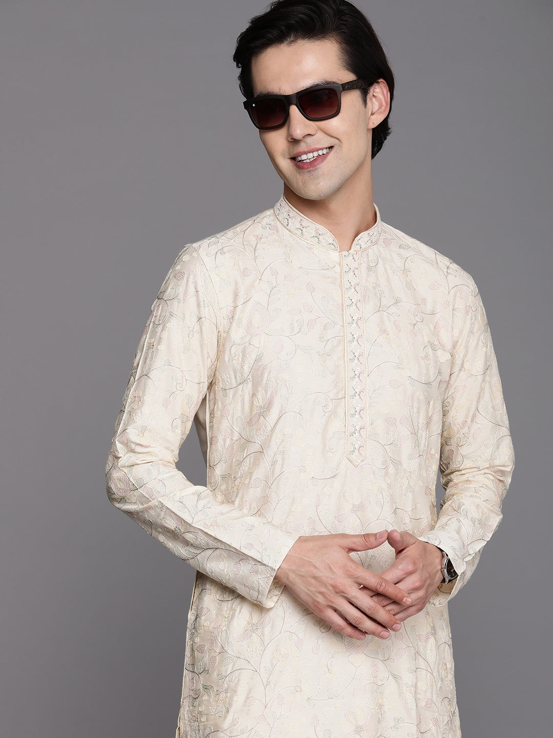 Manyavar Men Cream-Coloured Ethnic Motifs Printed Thread Work Kurta with Churidar - Distacart
