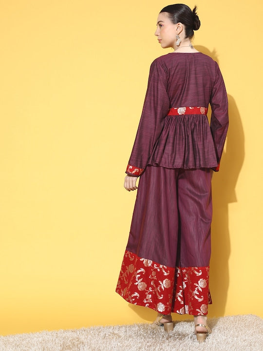 InWeave Women's Wine Red Brocade Mughal Shaan Kurta Palazzo Set - Distacart