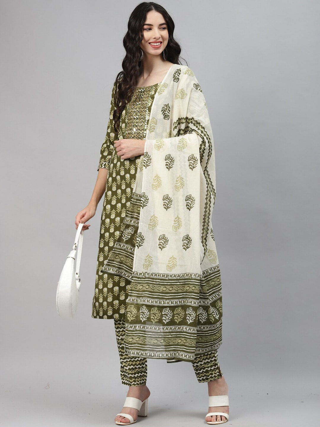 Kalini Women Floral Printed Mirror Work Kurta with Trousers & Dupatta - Distacart