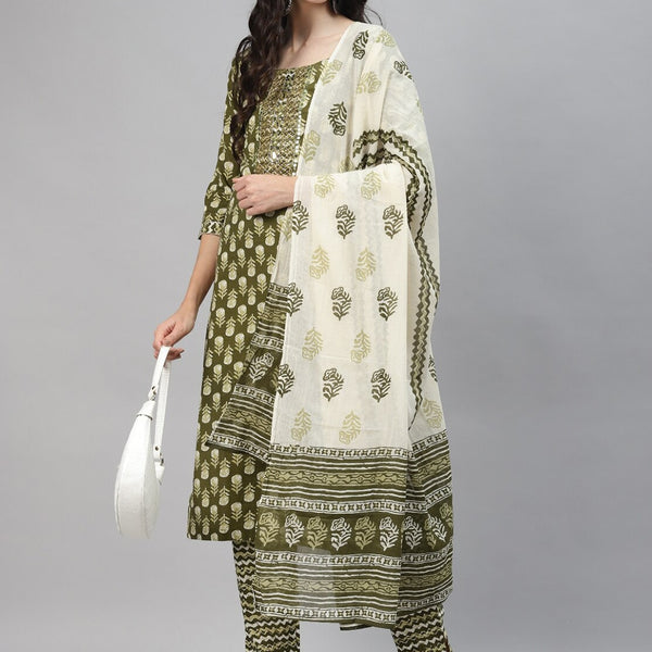 Kalini Women Floral Printed Mirror Work Kurta with Trousers & Dupatta - Distacart