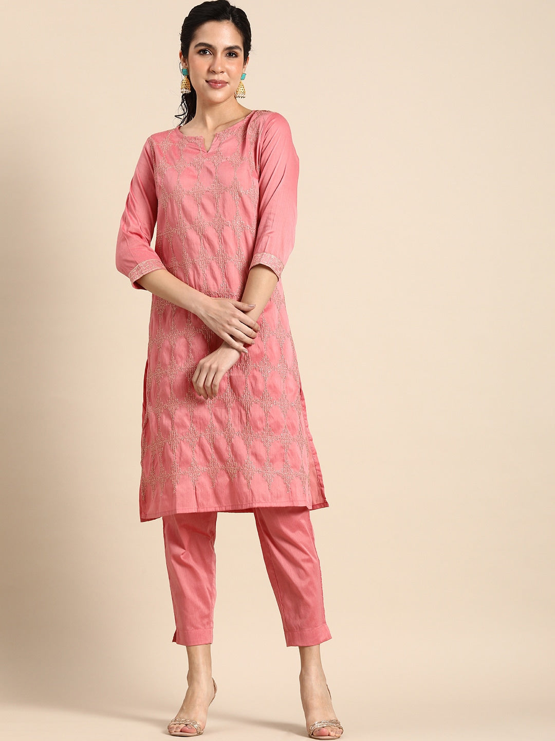 Sangria Women Thread Work Kurta With Trousers - Distacart