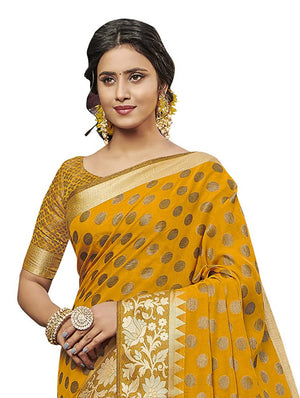 Pisara Women's Mustard Chanderi Cotton Silk Saree With Blouse Piece