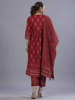 Thumbnail for Juniper Women Maroon Cotton Cambric Batik texture Printed Kurta, Pants and Dupatta Set - Distacart