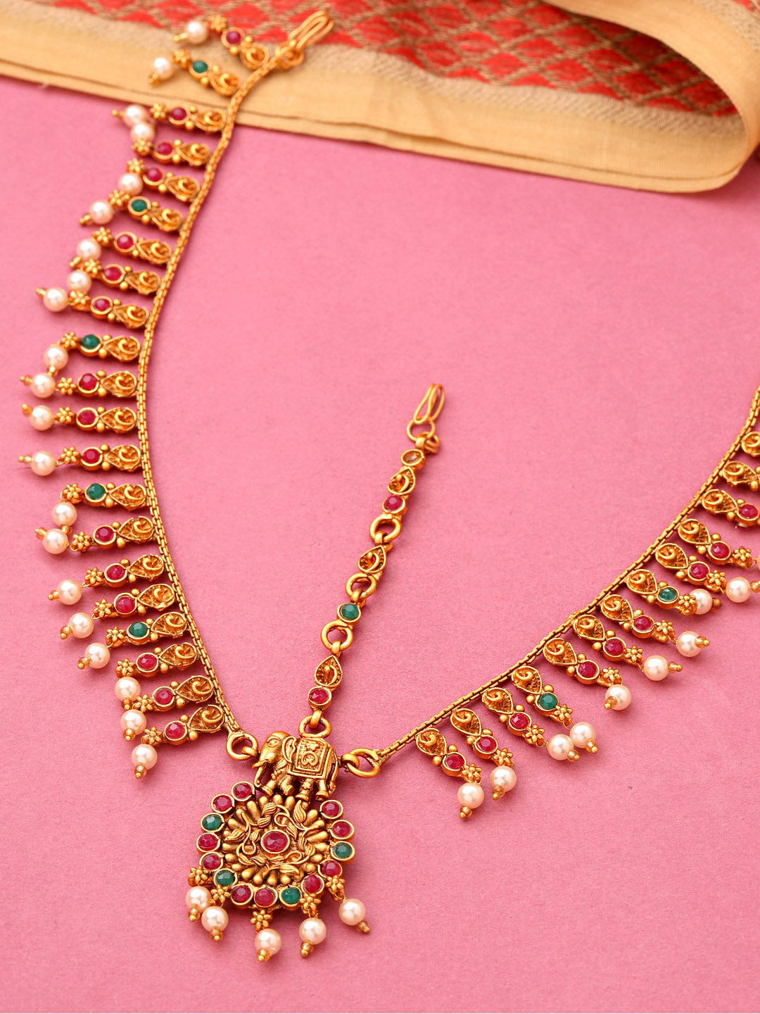 Yellow Chimes Women Gold-Plated, Maroon, Green White Pearl Hanging Bridal Mathapatti - Distacart