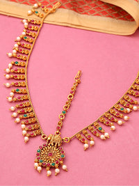 Thumbnail for Yellow Chimes Women Gold-Plated, Maroon, Green White Pearl Hanging Bridal Mathapatti - Distacart