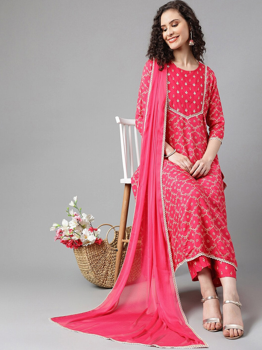 Khushal K Bandhani Printed Gotta Patti Kurta with Palazzos & Dupatta - Distacart
